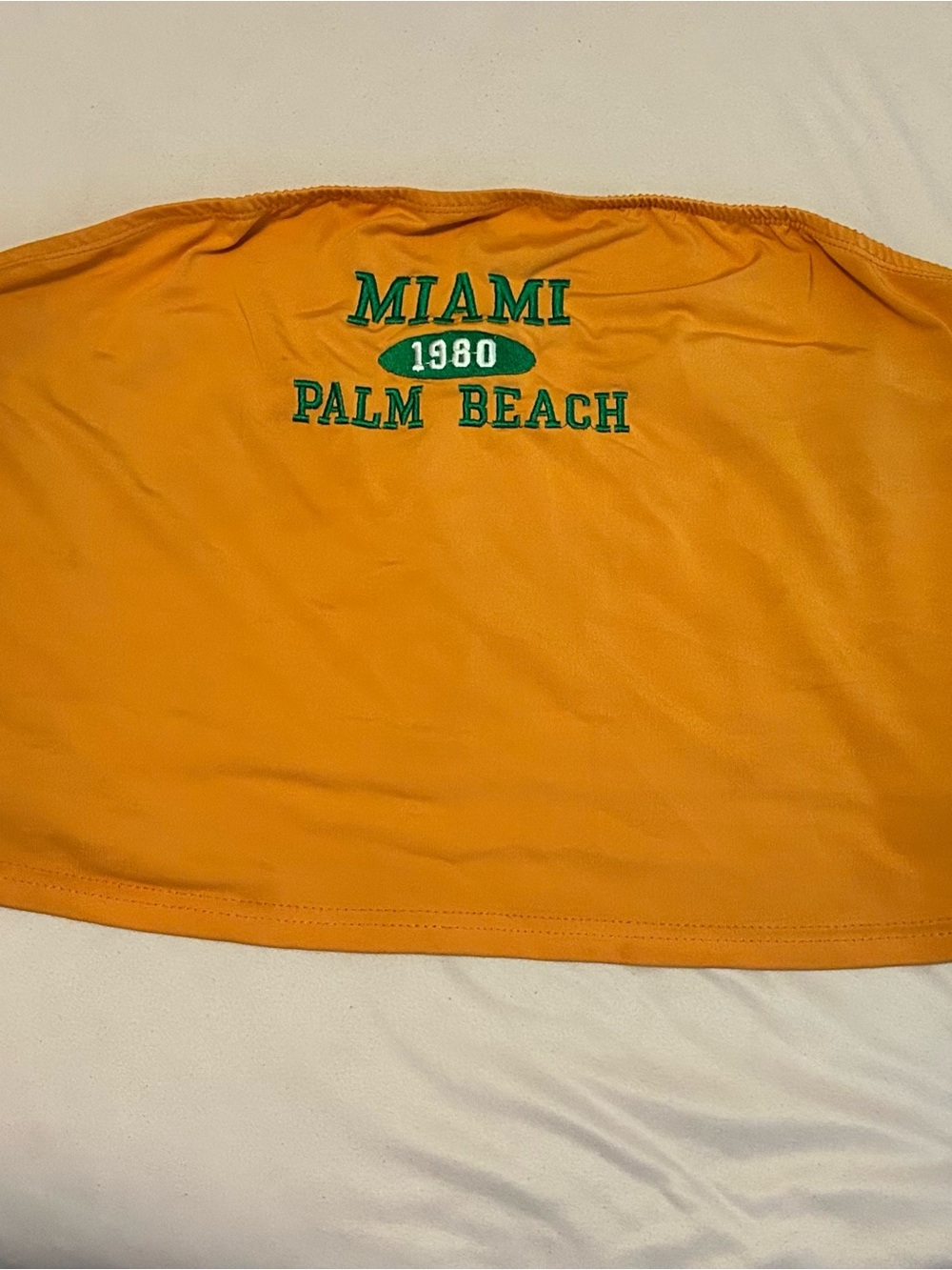 Orange Strapless Crop Top with Green 'MIAMI PALM BEACH' Embroidery